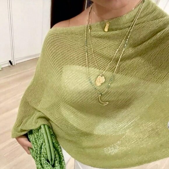 Green Elegant Women's Loose Knitted poncho Shawl sweater top - Picture 3 of 7